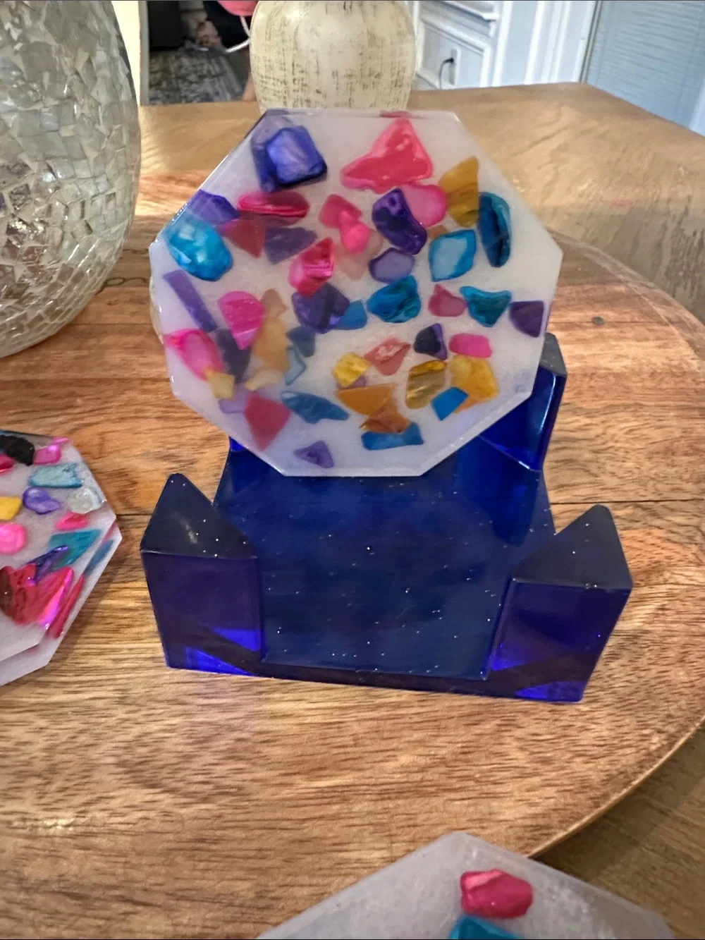 Colorful resin Mosaic Coasters with Blue Holder